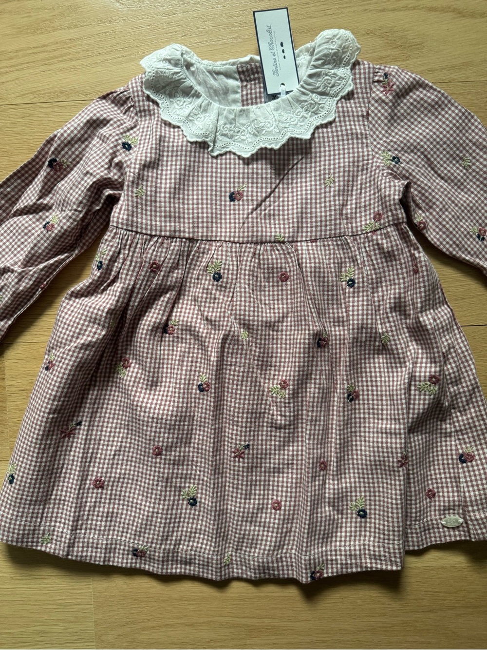 Tartine et Chocolat Pink Gingham Embroidered Cotton Dress with Lace Collar